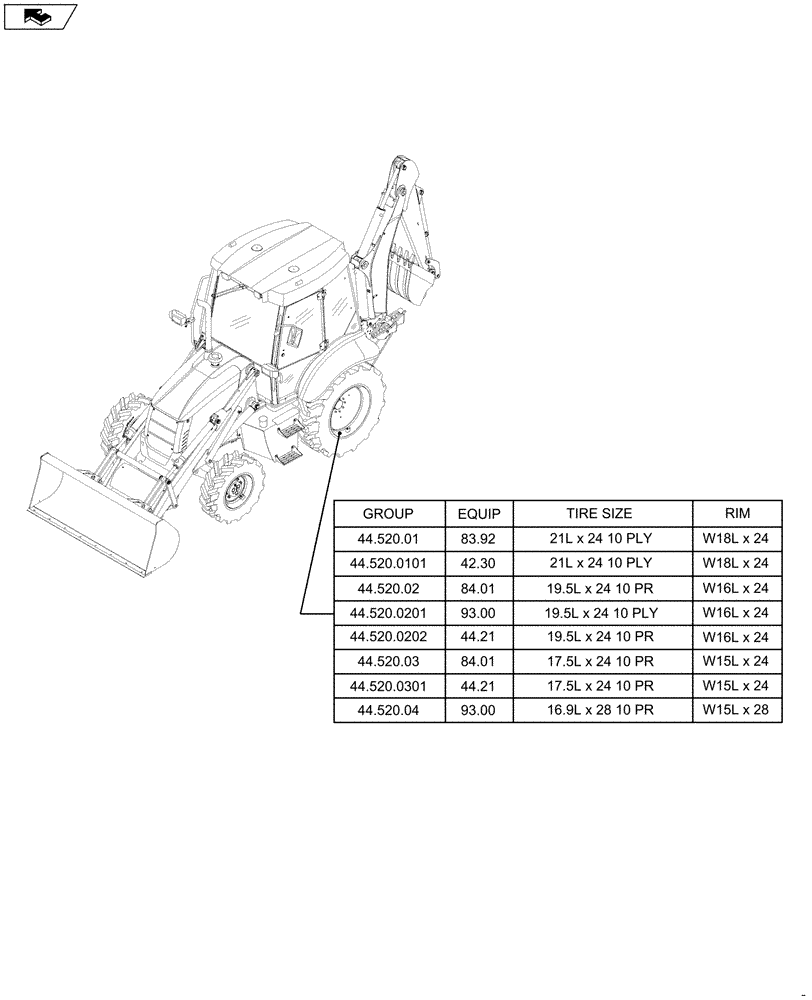 Схема запчастей Case 590SN - (44.000.00[01]) - SECTION INDEX - AXLE AND WHEELS, REAR (44) - WHEELS
