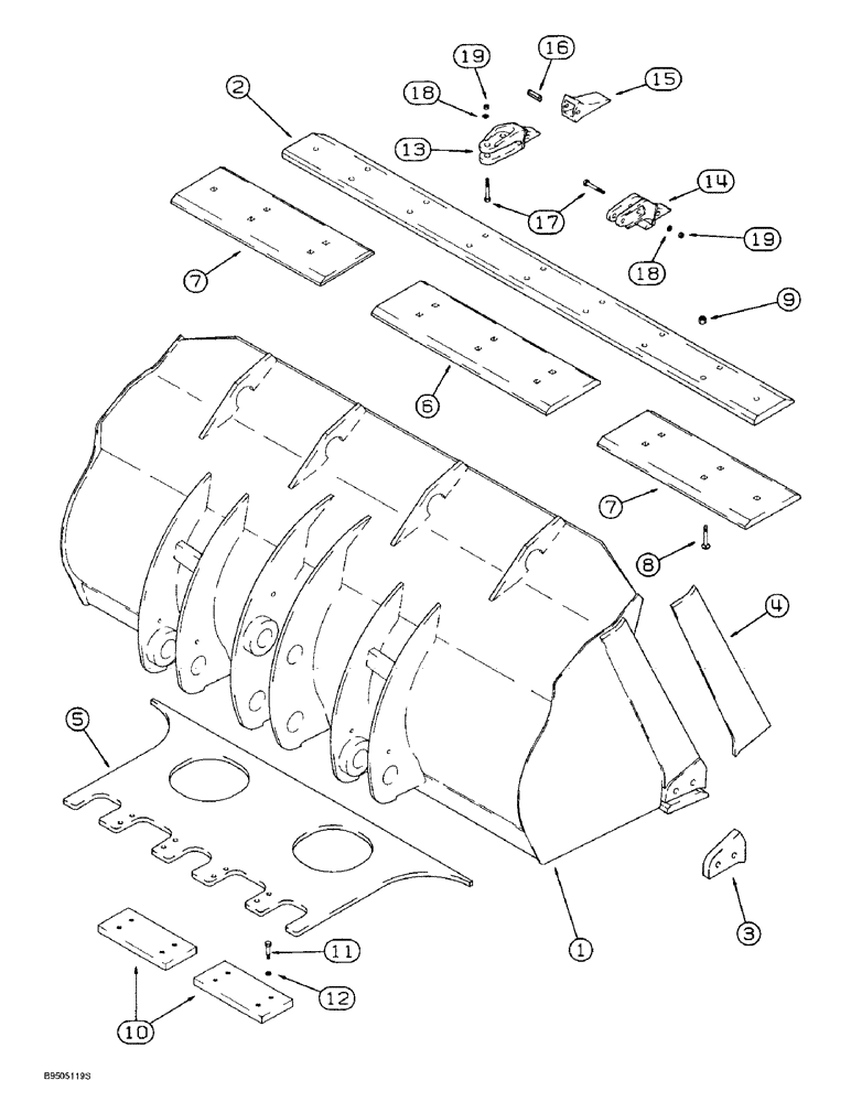 Схема запчастей Case 621B - (9-019A) - LOADER BUCKETS AND CUTTING EDGES, 2.50 CUBIC YARD (1.9 CUBIC METER) BUCKET, Z-BAR LOADER (09) - CHASSIS/ATTACHMENTS