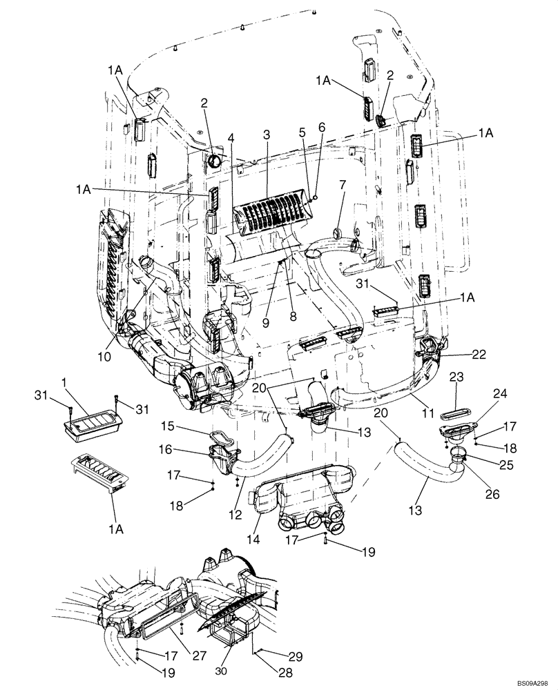 Схема запчастей Case 821E - (09-66) - CAB - HEATER AND AIR CONDITIONING DUCTS (09) - CHASSIS