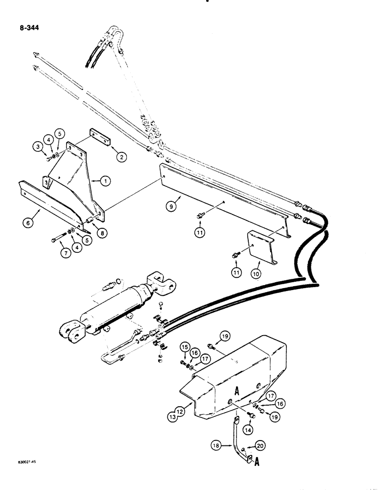 Схема запчастей Case 1455B - (8-344) - TUBE & CYL GUARDS, OPTIONAL DZER TILT HYD CIRT MECHANICAL ANGLE DZER MODELS, TUBES ON BACK OF BLADE (08) - HYDRAULICS