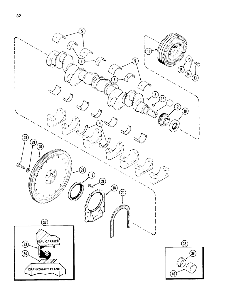 Схема запчастей Case 1150D - (032) - CRANKSHAFT AND FLYWHEEL, 504BD AND 504BDT DIESEL ENGINES (02) - ENGINE