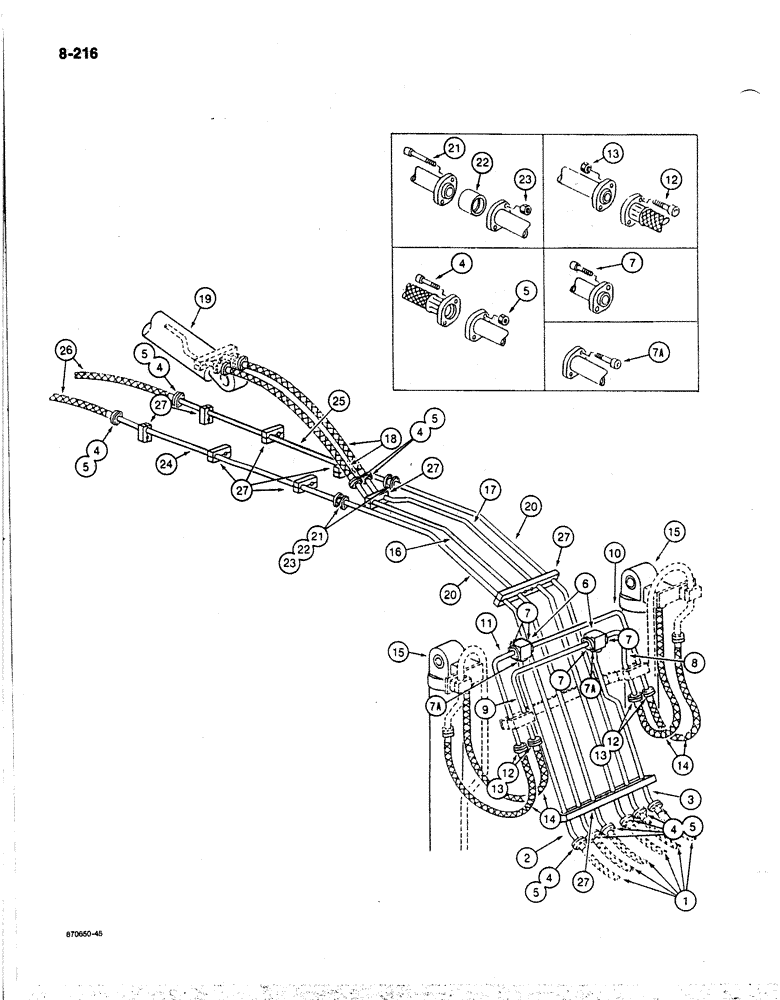 Схема запчастей Case 170B - (8-216) - BOOM, ARM AND TOOL CYLINDER CIRCUITS, TUBES AT BOOM, P.I.N. 74341 THRU 74456 (08) - HYDRAULICS