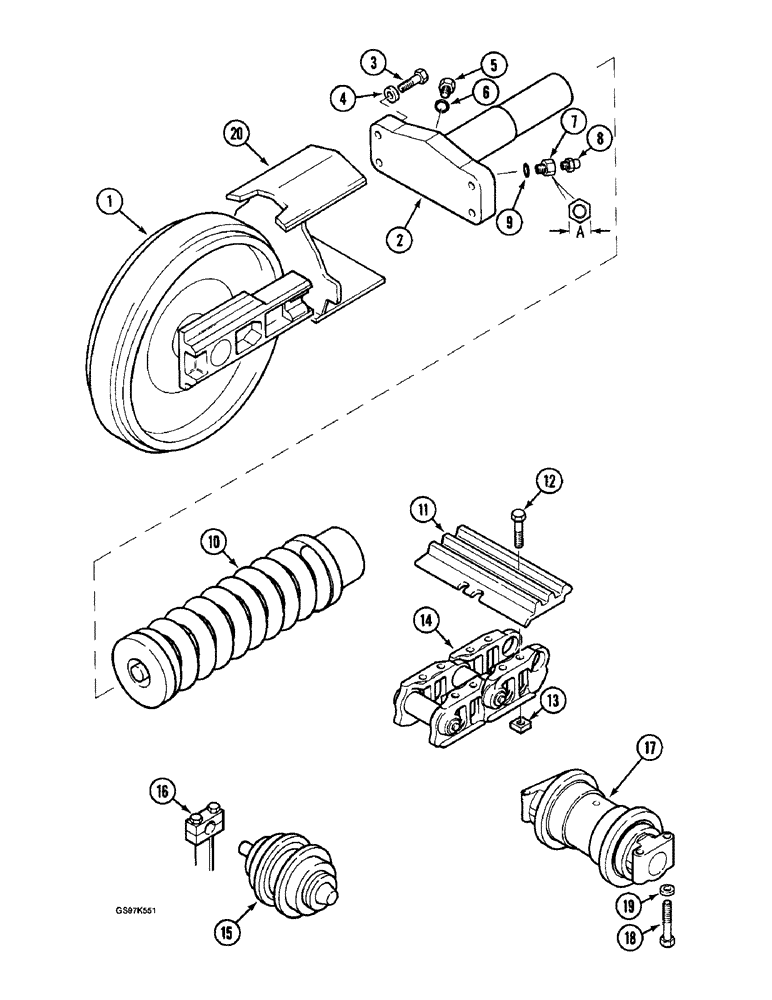 Схема запчастей Case 220B - (5-06) - TRACK ADJUSTMENT CYLINDER & TRACK SHOES, USED W/ SPRING TYPE TRACK SHOCK ABSORBER, PIN 74441- 74594 (11) - TRACKS/STEERING