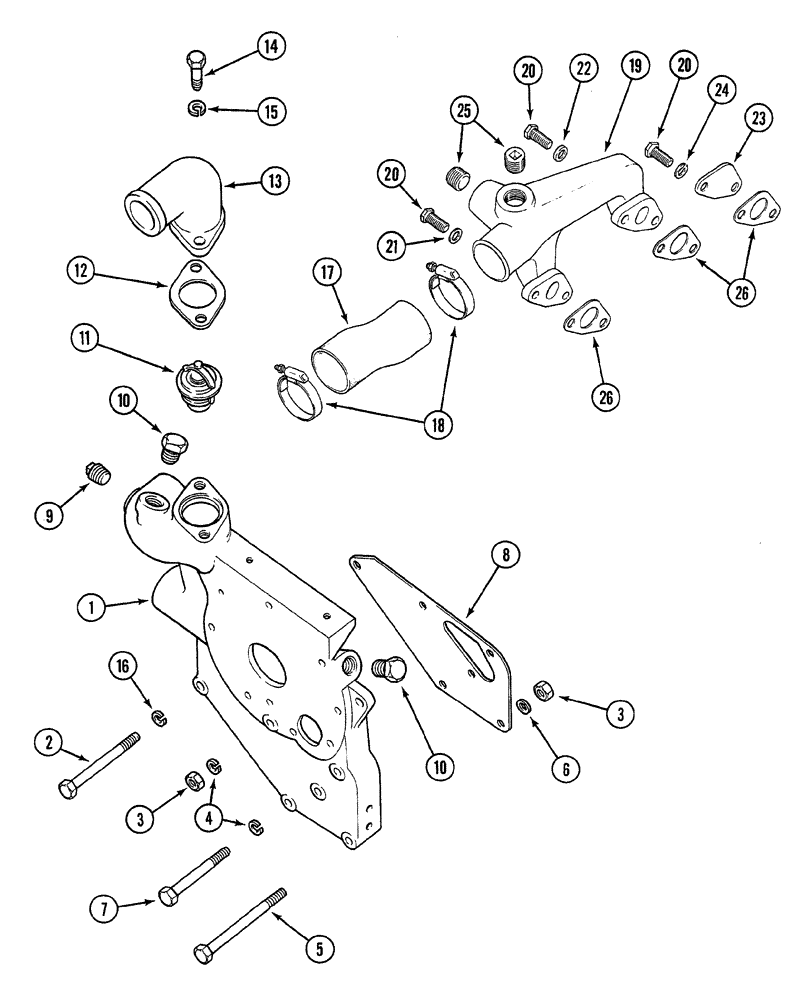 Схема запчастей Case 380B - (2-08) - WATER PUMP CARRIER AND THERMOSTAT/ COOLANT MANIFOLD (02) - ENGINE