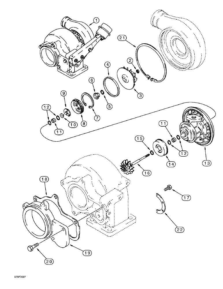 Схема запчастей Case 9040B - (2-36) - TURBOCHARGER ASSEMBLY, 6T-830 EMISSIONS CERTIFIED ENGINE, P.I.N. DAC04#2001 AND AFTER (02) - ENGINE