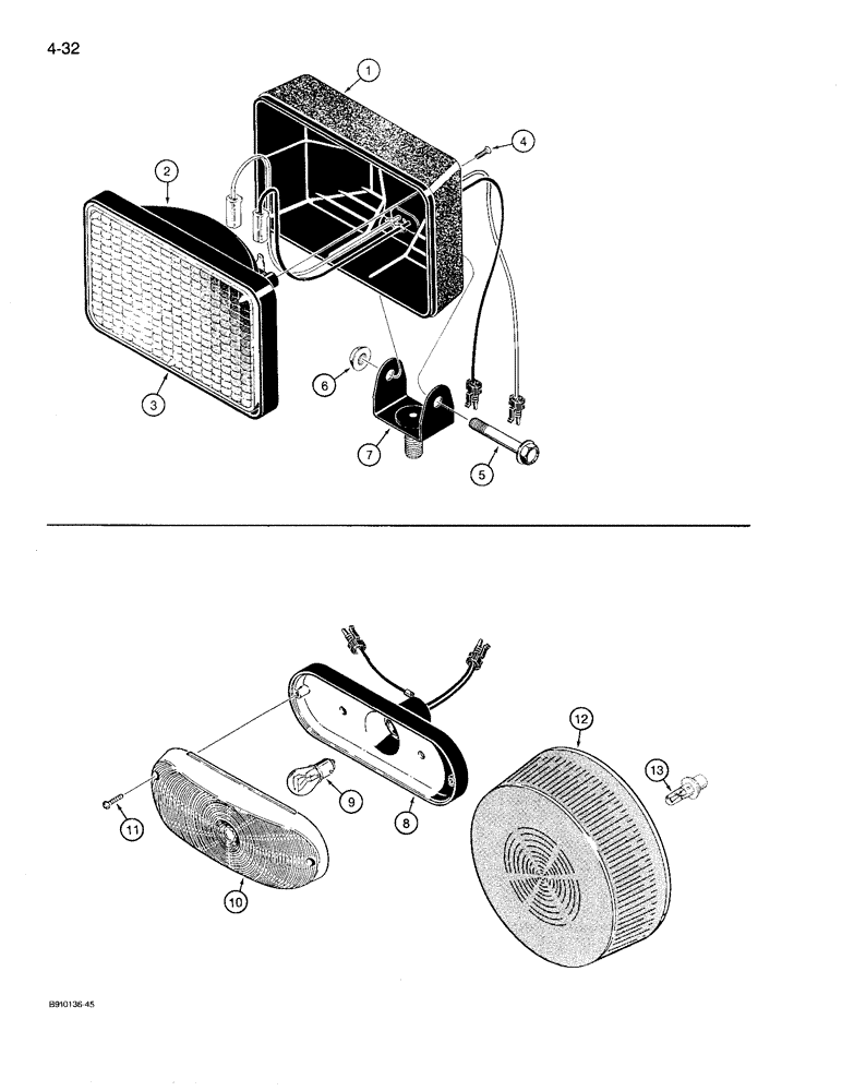 Схема запчастей Case 780D - (4-32) - TRACTOR LAMPS, FRONT DRIVING AND REAR FLOOD LAMPS, USED ON MODELS W/CAB OR CANOPY (04) - ELECTRICAL SYSTEMS