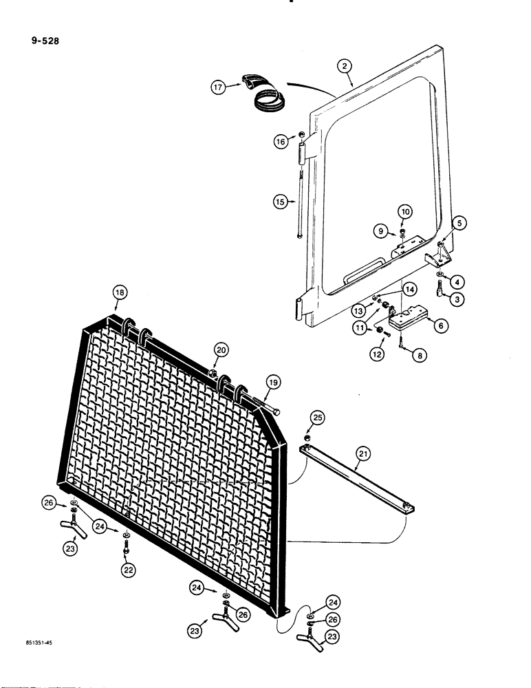 Схема запчастей Case 1455B - (9-528) - CAB HINGED WINDOW & REAR SCREEN, HINGED WINDOW, IF USED (09) - CHASSIS/ATTACHMENTS