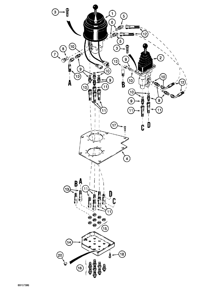 Схема запчастей Case 921 - (8-064) - REMOTE LOADER CONTROL CIRCUIT, TWO LEVERS WITH THREE-SPOOL VALVE (08) - HYDRAULICS