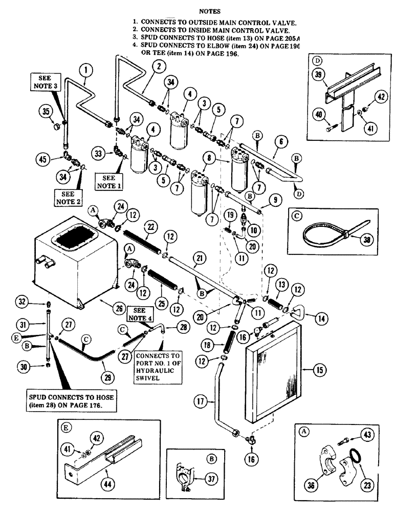 Схема запчастей Case 40 - (168) - MAIN VALVES TO FILTERS TO RESERVOIR AND COOLER TUBING, (USED ON UNITS WITH PIN 6270716 THRU 6270900) (35) - HYDRAULIC SYSTEMS