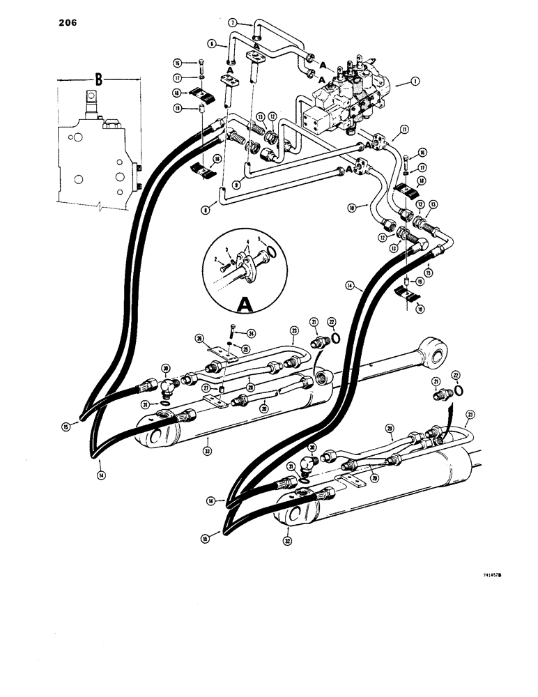 Схема запчастей Case 1450 - (206) - LOADER LIFT HYDRAULIC CIRCUIT, USED BEFORE TRACTOR SN 8379804 (08) - HYDRAULICS