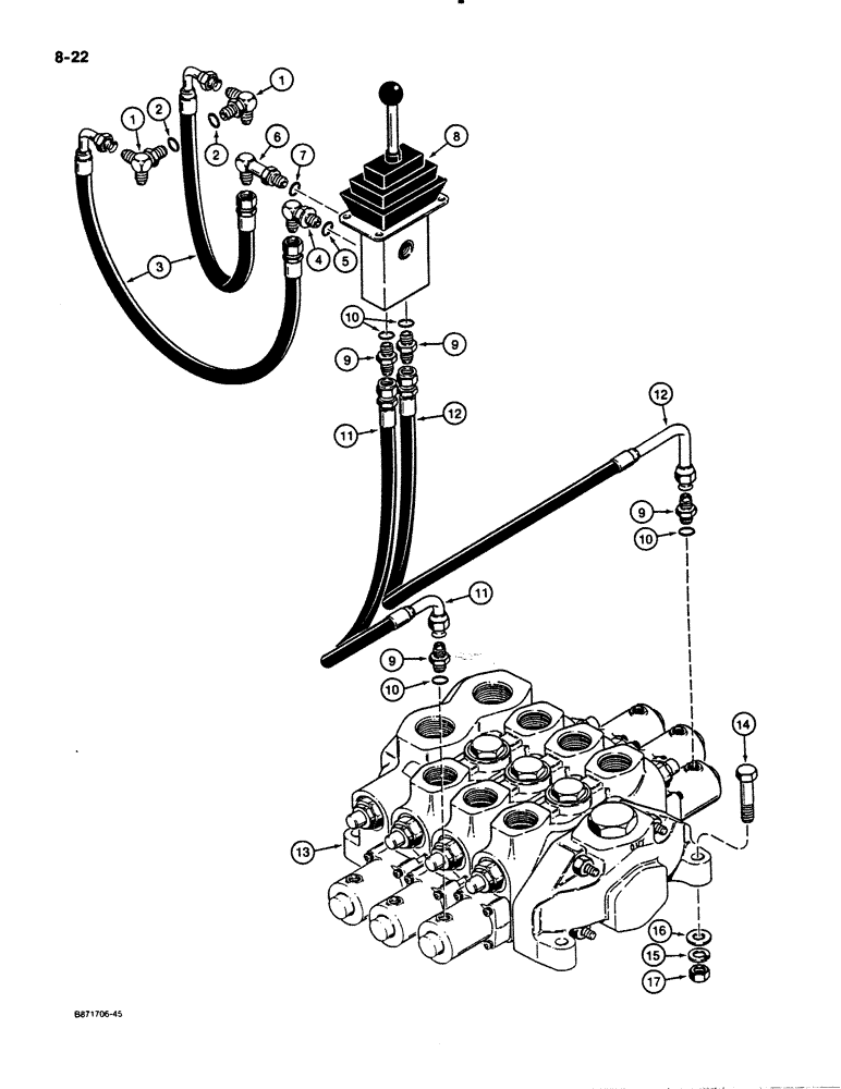 Схема запчастей Case W30 - (8-22) - REMOTE LOADER CONTROL CIRCUIT, TWO SPOOL REMOTE CONTROL VALVE LINES USED ON MODELS W/ ZF TRANS. (08) - HYDRAULICS