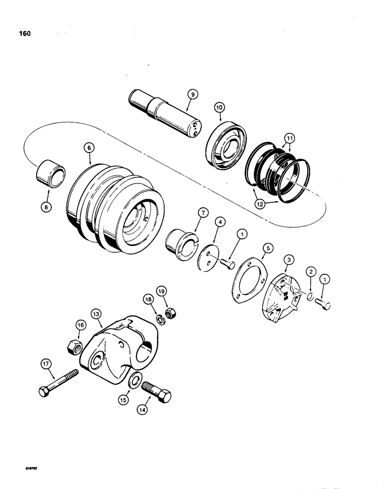 Схема запчастей Case 855C - (160) - R33965 TRACK CARRIER ROLLER AND MOUNTING, FOR IDENTIFICATION-SEE ITEM 3 OF ILLUSTRATION (04) - UNDERCARRIAGE