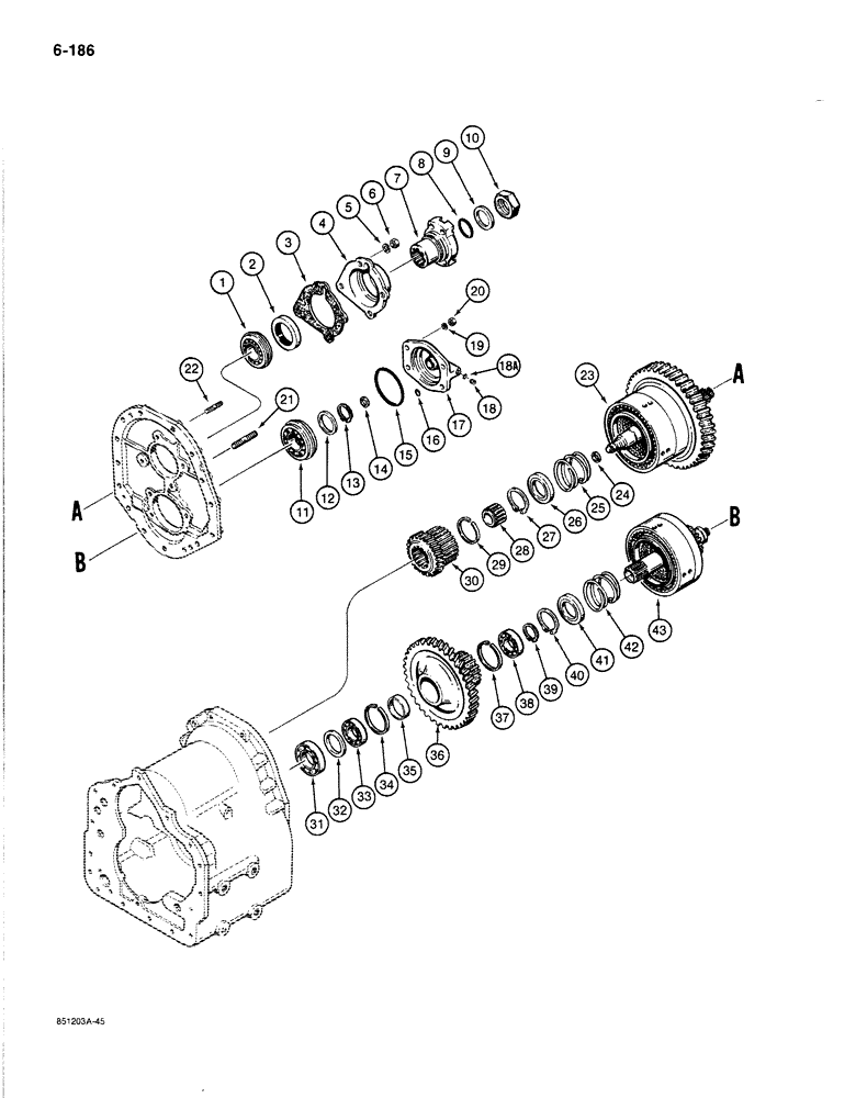 Схема запчастей Case 780C - (6-186) - TRANSMISSION OUTPUT SHAFT, LOW, AND THIRD GEARS (06) - POWER TRAIN