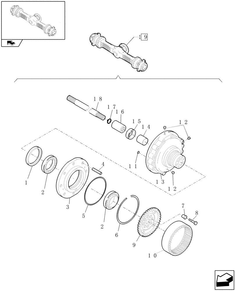 Схема запчастей Case 221E - (076/01[06]) - 20 / 35 KM/H (HIGH SPEED) FRONT RIGID AXLE: WHEEL HUB (04) - FRONT AXLE