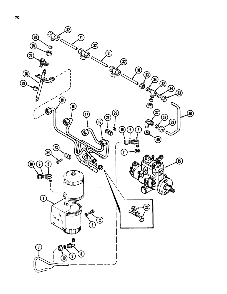 Схема запчастей Case 580SD - (070) - FUEL INJECTION AND FILTER SYSTEM, 207 NATURALLY ASPIRATED DIESEL ENGINE, PRIOR TO ENGINE S/N 4310019 (03) - FUEL SYSTEM