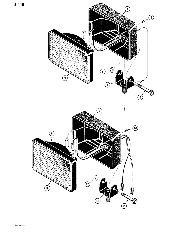 Схема запчастей Case 680K - (4-116) - TRACTOR LAMPS (HALOGEN), FRONT DRIVING AND REAR FLOOD LAMPS, USED ON MODELS W/ CAB OR CANOPY (04) - ELECTRICAL SYSTEMS