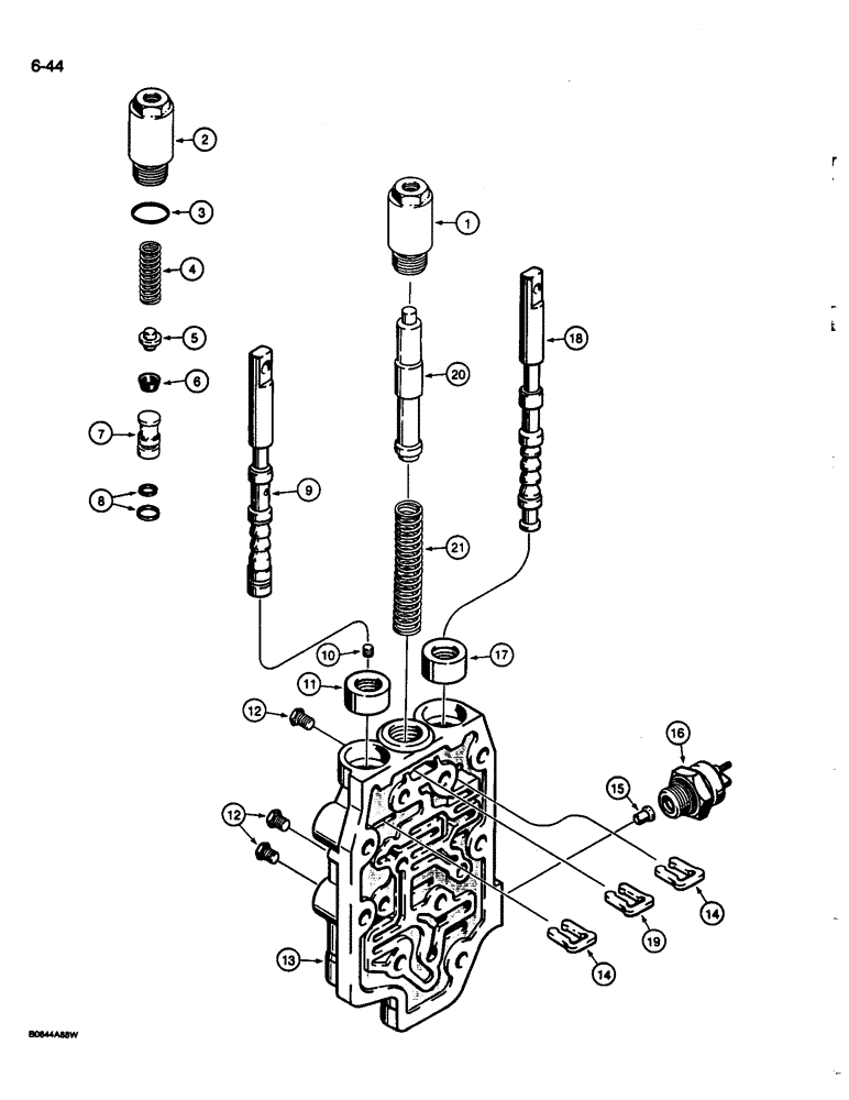 Схема запчастей Case 680L - (6-44) - TRANSMISSION CONTROL VALVE ASSEMBLY, TWO WHEEL AND FOUR WHEEL DRIVE MODELS (06) - POWER TRAIN