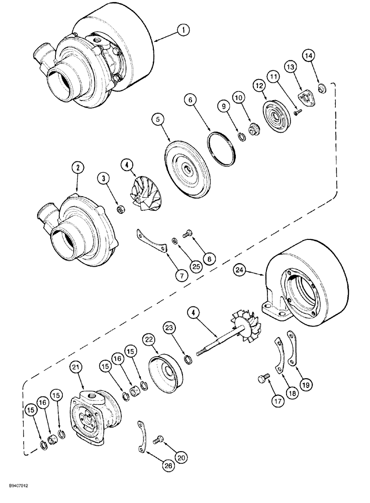 Схема запчастей Case 650G - (2-26) - TURBOCHARGER ASSEMBLY 4T-390 ENGINE PRIOR TO CRAWLER P.I.N. JJG0216449 (02) - ENGINE