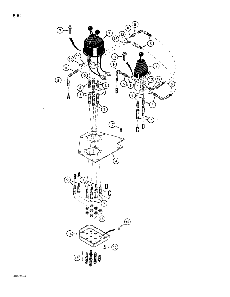 Схема запчастей Case 621 - (8-54) - REMOTE LOADER CONTROL CIRCUIT, THREE LEVERS WITH THREE SPOOL VALVE (08) - HYDRAULICS