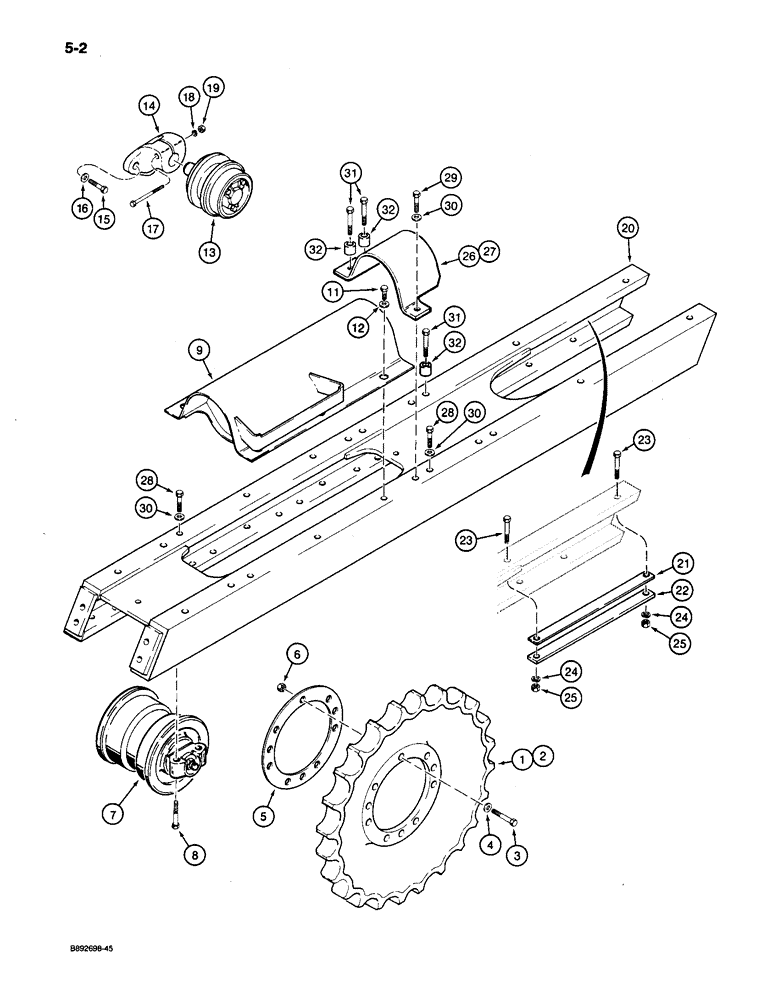 Схема запчастей Case 650 - (5-02) - TRACK FRAME, SPROCKET, ROLLER, AND RECOIL HOUSING (11) - TRACKS/STEERING