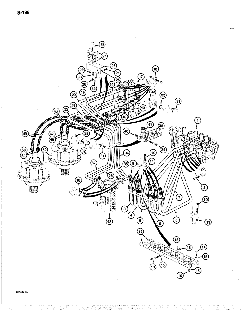 Схема запчастей Case 170B - (8-198) - HYDRAULIC CIRCUIT FROM MAIN CONTOL VALVES, TO SWIVEL, SWING MOTORS & CYLINDERS, P.I.N. 74341 - 74441 (08) - HYDRAULICS