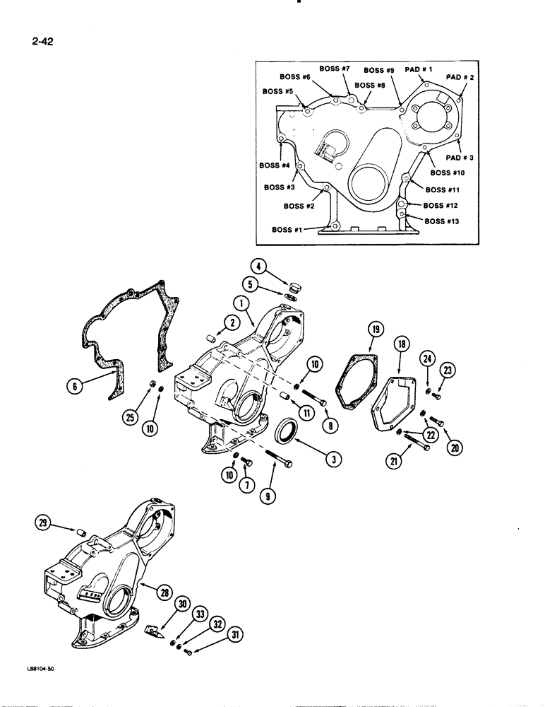 Схема запчастей Case 1450B - (2-42) - TIMING GEAR COVER, 504BDT DIESEL ENGINE (02) - ENGINE