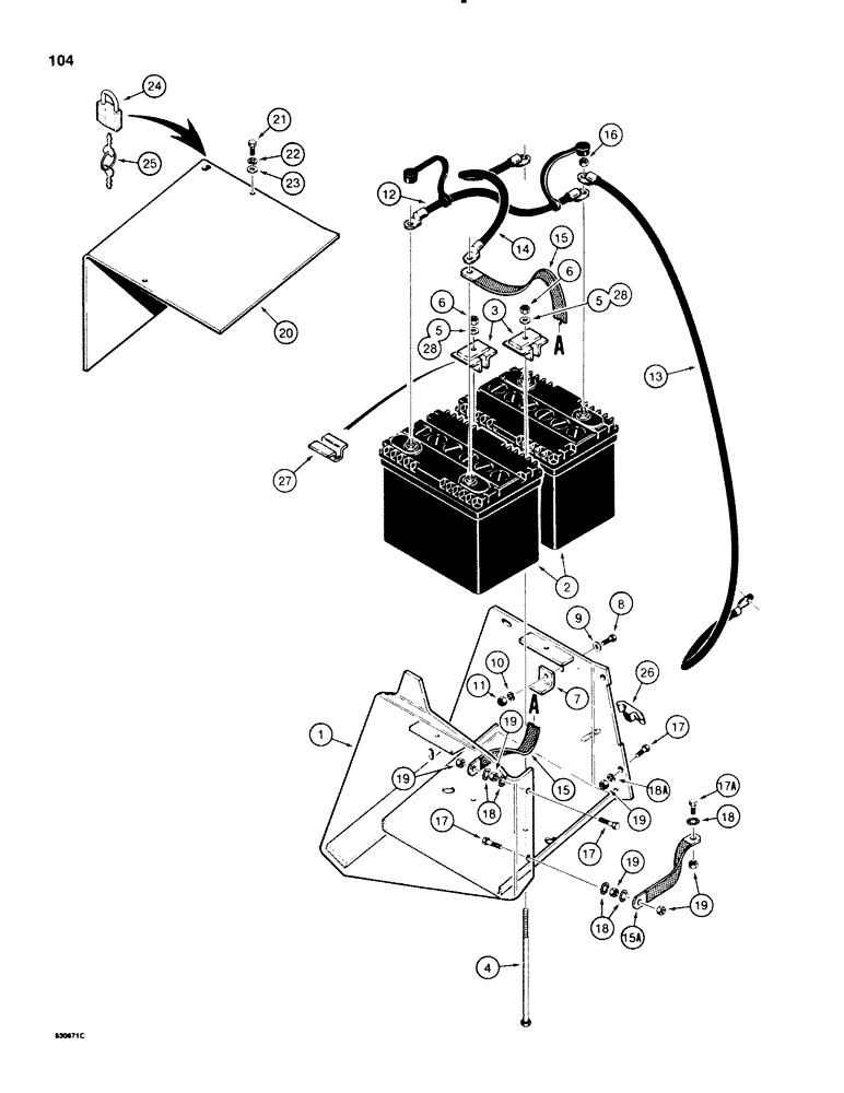 Схема запчастей Case 580E - (104) - BATTERIES AND CABLES, COLD START SYSTEM (04) - ELECTRICAL SYSTEMS