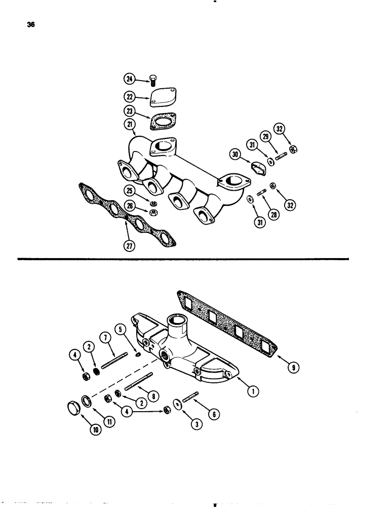 Схема запчастей Case 1845B - (036) - INTAKE & EXHAUST MANIFOLDS, 188 DIESEL ENGINE (02) - ENGINE