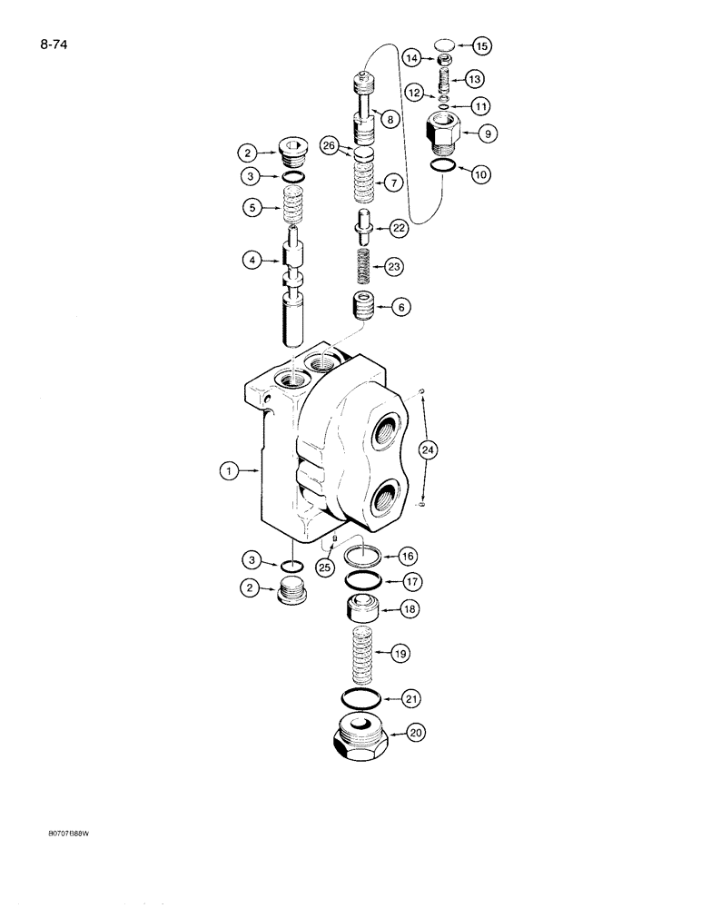 Схема запчастей Case 780D - (8-074) - BACKHOE CONTROL VALVE, INLET AND OUTLET SECTION (08) - HYDRAULICS