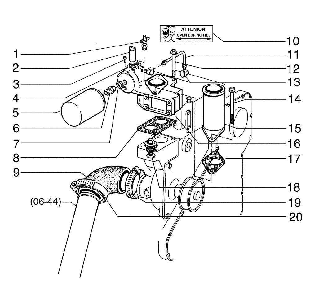 Схема запчастей Case 885 - (02-36[02]) - THERMOSTAT HOUSING AND WATER FILTER (02) - ENGINE