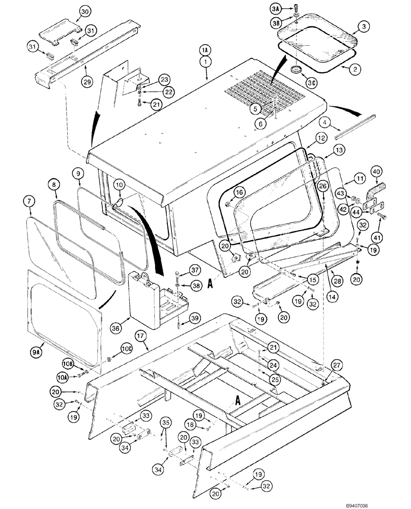 Схема запчастей Case 1845C - (09-37) - FOPS/ROPS AND ROPS - GLAZED (EUROPE) (09) - CHASSIS/ATTACHMENTS