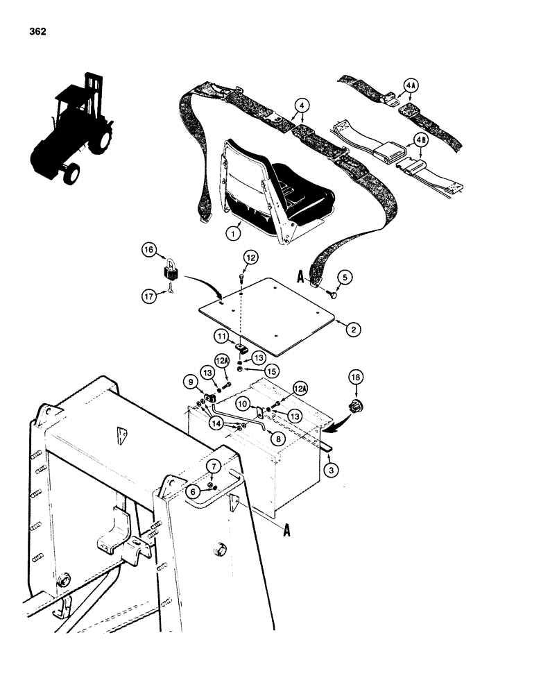 Схема запчастей Case 586D - (362) - SEAT MOUNTING PARTS AND SEAT BELTS (90) - PLATFORM, CAB, BODYWORK AND DECALS