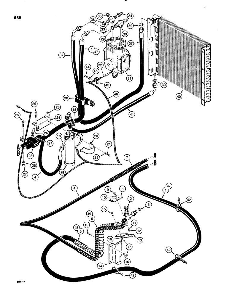 Схема запчастей Case 580E - (658) - CONDENSER, RECEIVER-DRIER AND AIR CONDITIONER LINES (09) - CHASSIS/ATTACHMENTS