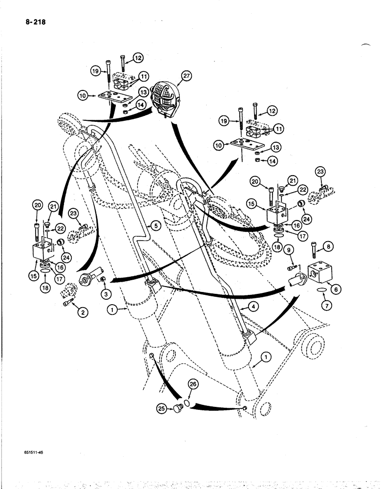 Схема запчастей Case 170B - (8-218) - BOOM CYLINDER CIRCUIT, TUBES AT CYLINDER, P.I.N. 74341 THRU 74456 (08) - HYDRAULICS