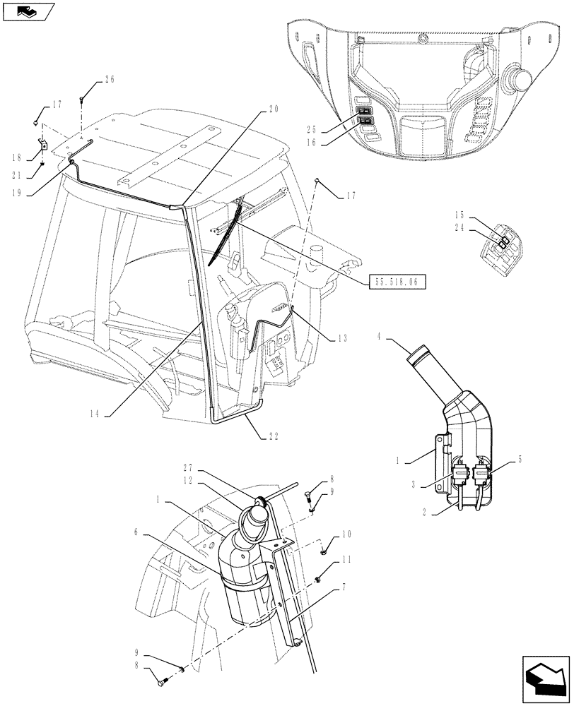 Схема запчастей Case 580SM - (55.518.03) - CAB - WASHER, WINDSHIELD (55) - ELECTRICAL SYSTEMS