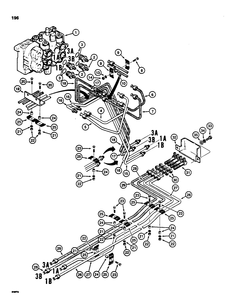 Схема запчастей Case 855C - (196) - DOZER TILT AND ANGLE HYDRAULIC CIRCUITS, TILT DOZER AND ANGLE TILT DOZER MODELS VALVE TO GRILLE (07) - HYDRAULIC SYSTEM