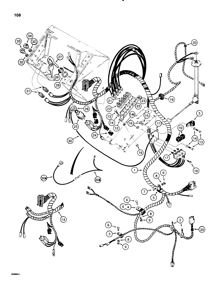 Схема запчастей Case 580E - (108) - MAIN WIRING HARNESS AND CONNECTIONS, MODELS WITHOUT TEST SWITCH AND SOLENOID (04) - ELECTRICAL SYSTEMS