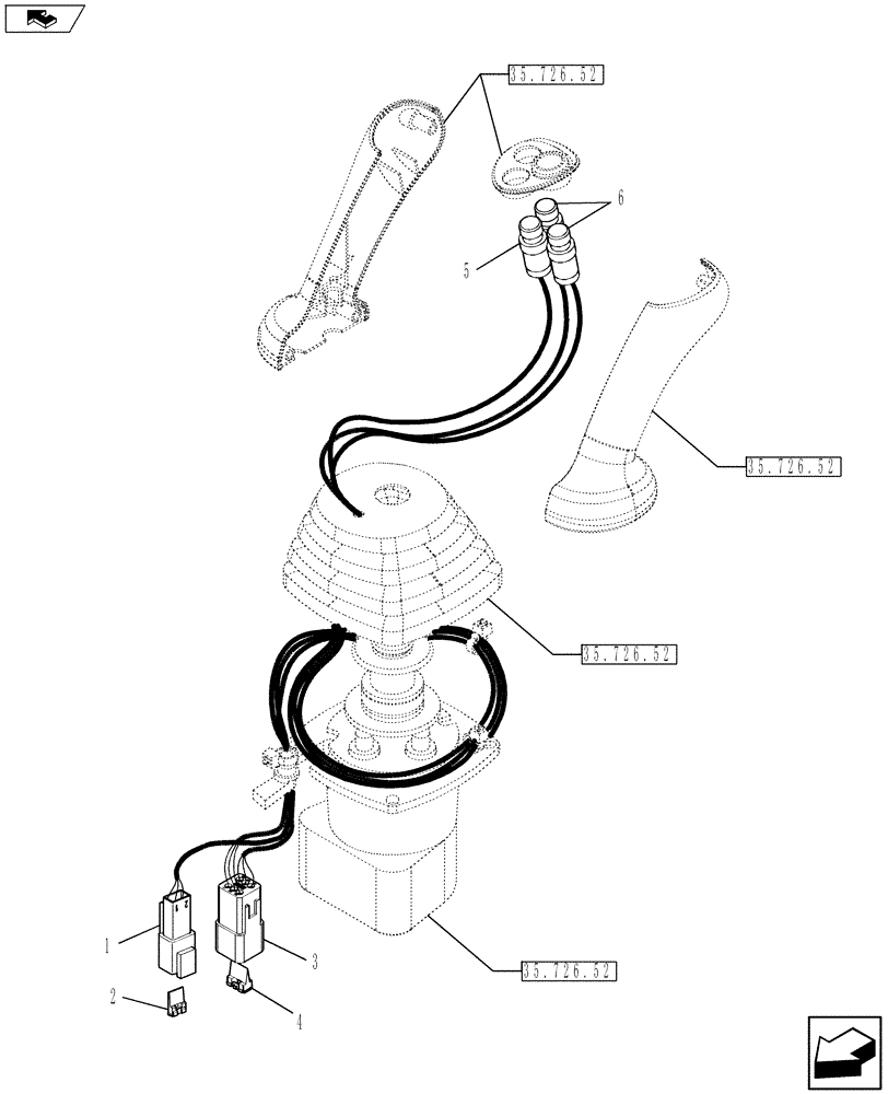 Схема запчастей Case 590SN - (55.512.37) - VALVE, JOYSTICK (PILOT CONTROLS) (LEFT-HAND) WITH HORN & BI-DIRECTIONAL BUTTONS (55) - ELECTRICAL SYSTEMS