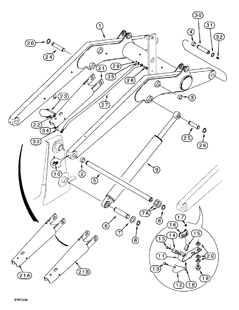 Схема запчастей Case 580SL - (9-010) - LOADER LIFT FRAME AND MOUNTING PARTS, LIFT CYLINDER, SUPPORT STRUT, RETURN-TO-DIG AND ANTIROLLBACK (09) - CHASSIS/ATTACHMENTS