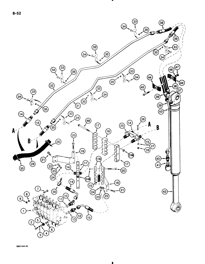 Схема запчастей Case 580K - (8-052) - BACKHOE BUCKET CYLINDER HYDRAULIC CIRCUIT, MODELS WITHOUT EXTENDABLE DIPPER (08) - HYDRAULICS