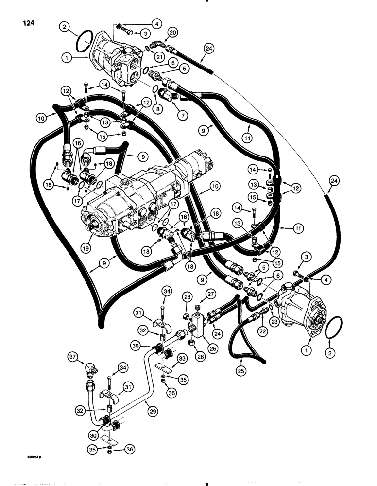 Схема запчастей Case 1845B - (124) - HYDROSTATIC DRIVE HYDRAULIC CIRCUIT, TANDEM PUMP TO DRIVE MOTORS (06) - POWER TRAIN