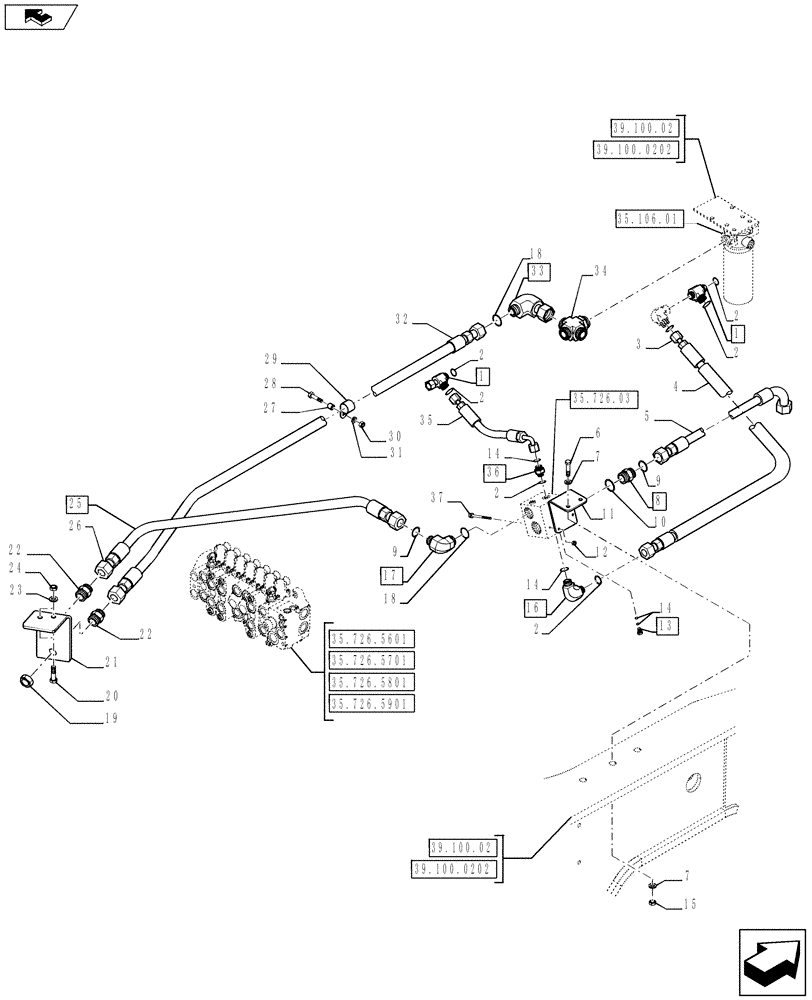 Схема запчастей Case 590SN - (35.726.15) - VAR - 747662 - VALVE INSTALL - BACKHOE CONTROL, UNI AUX PILOT (35) - HYDRAULIC SYSTEMS