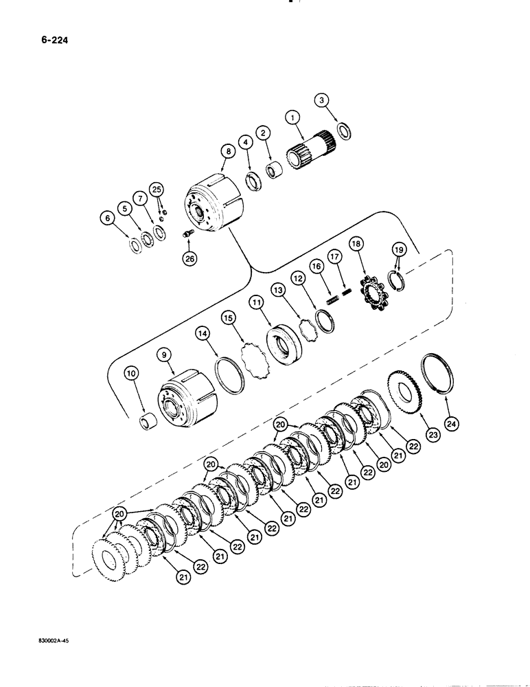 Схема запчастей Case 1455B - (6-224) - TRANSMISSION SUN GEAR AND LOW RANGE CLUTCH (06) - POWER TRAIN