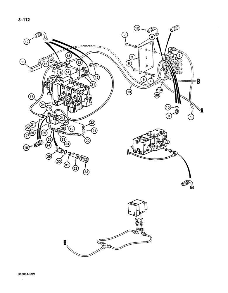 Схема запчастей Case 125B - (8-112) - HYD. CIRCUIT FOR CONTROLS, SOLENOID VALVE TO MAIN CONTROL VALVES & SWIVEL, P.I.N. 74631 THRU 74844 (08) - HYDRAULICS