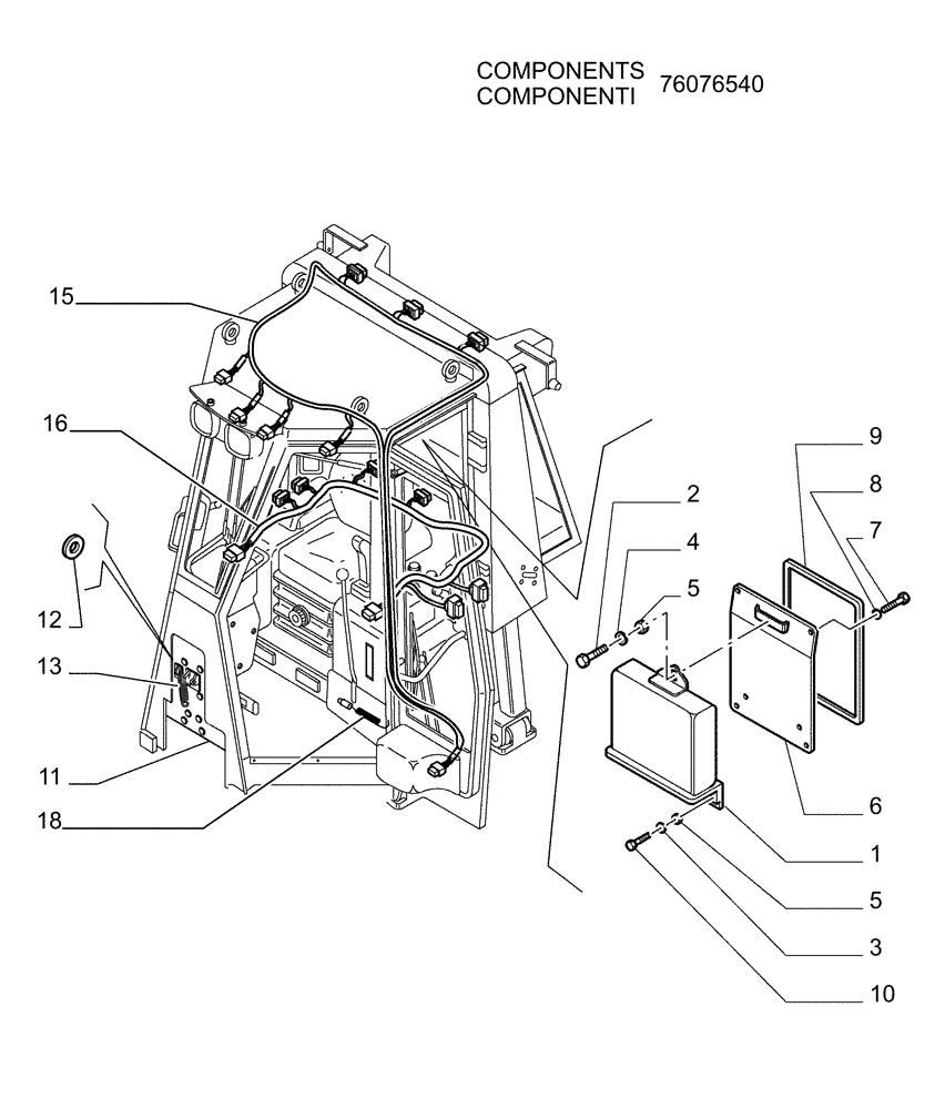 Схема запчастей Case 1850K LT - (9.653[16]) - ROPS CAB - ELECTRIC COMPONENTS - OPTIONAL CODE 76078133 (19) - OPTIONS