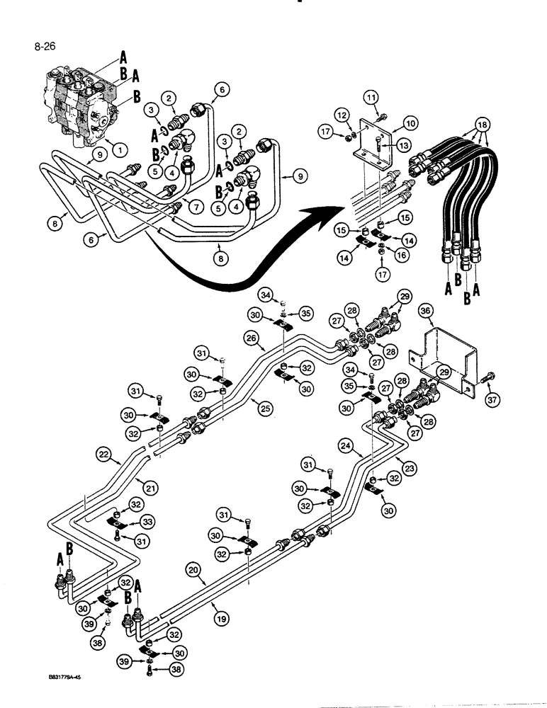 Схема запчастей Case 455C - (8-26) - DOZER TILT AND ANGLE HYDRAULIC CIRCUITS, CONTROL VALVE TO GRILLE (08) - HYDRAULICS