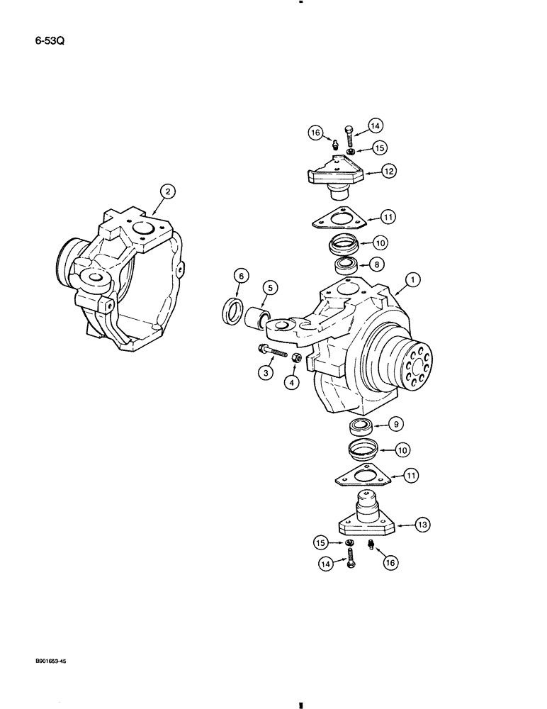 Схема запчастей Case 580K - (6-053Q) - FRONT DRIVE AXLE, SWIVEL HOUSING (06) - POWER TRAIN