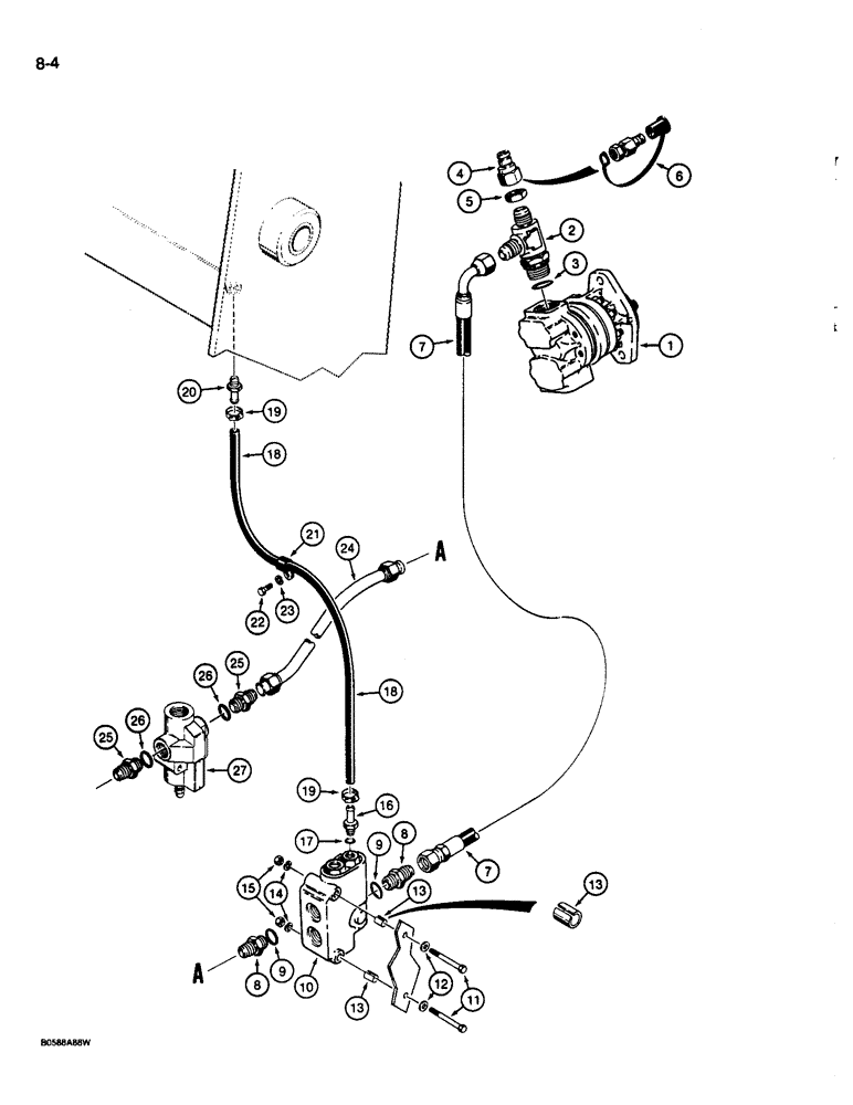 Схема запчастей Case 680L - (8-004) - EQUIPMENT HYD SYSTEM, BACKHOE SUPPLY FROM STEERING PUMP TO FLOW CONTROL VALVE & BACKHOE RELIEF VALVE (08) - HYDRAULICS