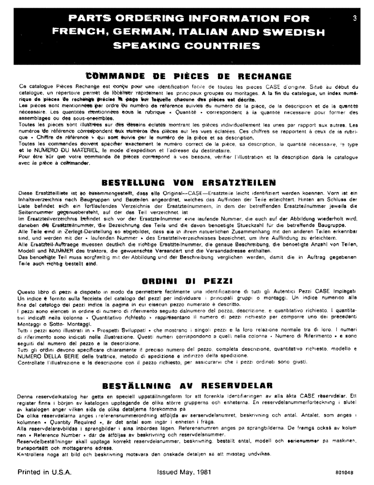 Схема запчастей Case 855C - (003) - PARTS ORDERING INFORMATION FOR FRENCH, GERMAN, ITALIAN AND SWEDISH SPEAKING COUNTRIES (00) - GENERAL