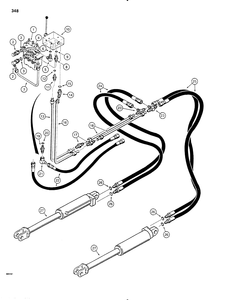 Схема запчастей Case SD100 - (348) - LINE LAYER LIFT HYDRAULIC CIRCUIT, USED WITH H616763 SELECTOR VALVE AND THREE SPOOL CONTROL VALVE (35) - HYDRAULIC SYSTEMS